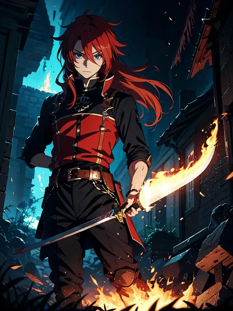 Rüstung. Ritterrüstung. Blaue flammen. Sword. Knight. Fantasy. Fantasy rpg. Fire. Blacky clothes.. Male. Long hair. Older. Boy. Male. Blue eyes. red hair. magier. Runes. More anime style. Fire. 2d. flatter. anime style. Black clothing. soft. More anime. Ca...