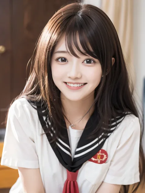masterpiece, best quality,absurdres,(anime:1.3), 1girl, kubo nagisa, solo, brown hair, long hair, brown eyes, bangs, (((blush))), laughing, serafuku, sailor collar, red neckerchief, white shirt, short sleeves, black skirt, (looking at viewer:1.5), a pop an...