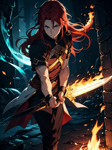 Rüstung. Ritterrüstung. Blaue flammen. Sword. Knight. Fantasy. Fantasy rpg. Fire. Blacky clothes.. Male. Long hair. Older. Boy. Male. Blue eyes. red hair. magier. Runes. More anime style. Fire. 2d. flatter. anime style. Black clothing. soft. More anime. Ca...