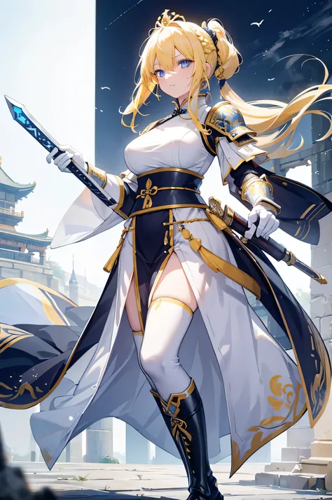 4K,High resolution,One Woman,Yellow Hair,Long Ponytail,Braids,Blue Eyes,Big Breasts,Ancient Chinese Generals,White Armor,Full Armor,Heavy Armor,White long boots,White gloves,crown,Long Sword,Jewelry decoration,Medieval castle