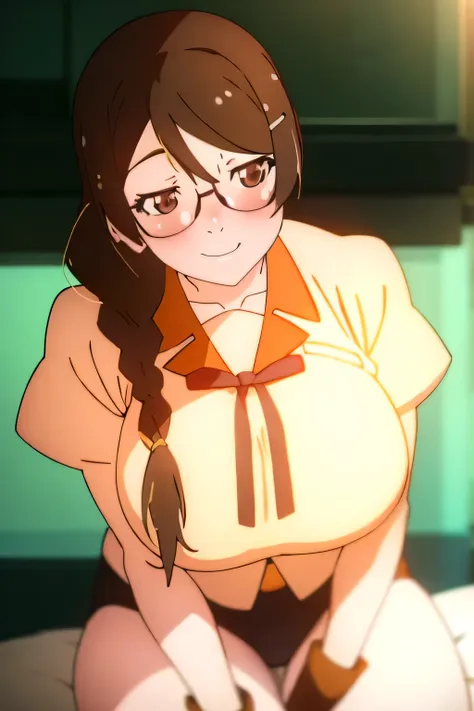 hanekawa tsubasa from bakemonogatari、black hair pigtails、beautiful black eyes、busty、huge and bouncy breasts、blushed cheeks、glass...