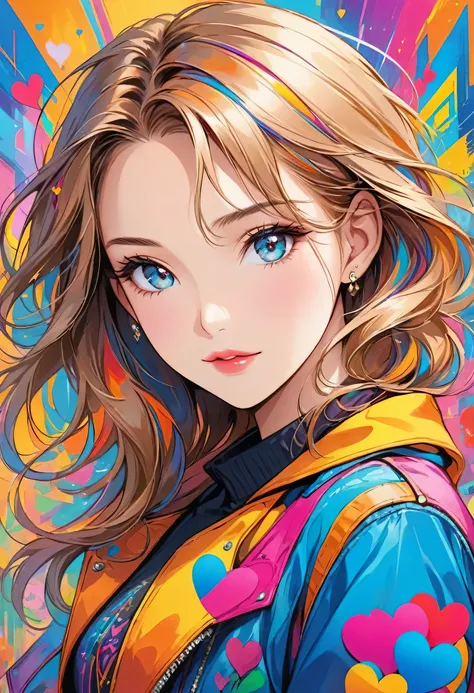 Christian Riese Lassen colorful style, Simple Line Initialism，Abstract art，Urban Background, (((The most beautiful girl of all time))), Sweet face. Lips in love, colorful hearts, stylish design