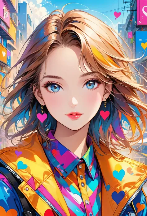 Christian Riese Lassen colorful style, Simple Line Initialism，Abstract art，Urban Background, (((The most beautiful girl of all time))), Sweet face. Lips in love, colorful hearts, stylish design