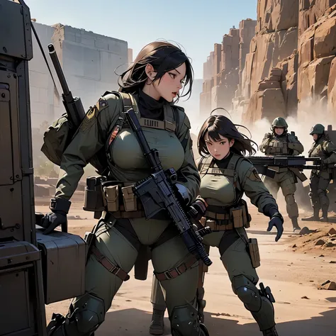 nsfw, anime screencap, 16k, perfect anatomy proportion body, action, A dynamic composition with a sense of speed and movement, Camouflage-colored heavy armor steam engine full armor powered suit, very wide shot, (Multiple sexy female soldiers having a gunf...