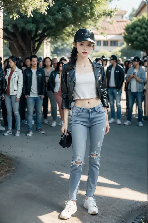 (((best quality))),(((ultra detailed))),(((masterpiece))),illustration,((1 beautiful girl,solo)),((slim,thin)),((small breasts,flat chest)),fashionable,(short ponytail:1.2),(white baseball cap:1.3),(black leather jacket:1.3),(navel:1.2),(tight jeans:1.3),(...