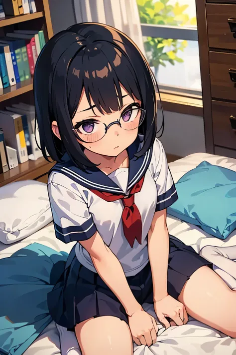 Elementary school student, 　  　Flat chest　 Black Hair 　Short Bob　 Glasses　 Purple Eyes　Embarrassed look　Blushing（（One person）） White short-sleeved sailor suit　Lower body naked　Pussy　（Pussyが見える））White socks　School Library　Sitting on the bed　Pussyが見えている　Lowe...