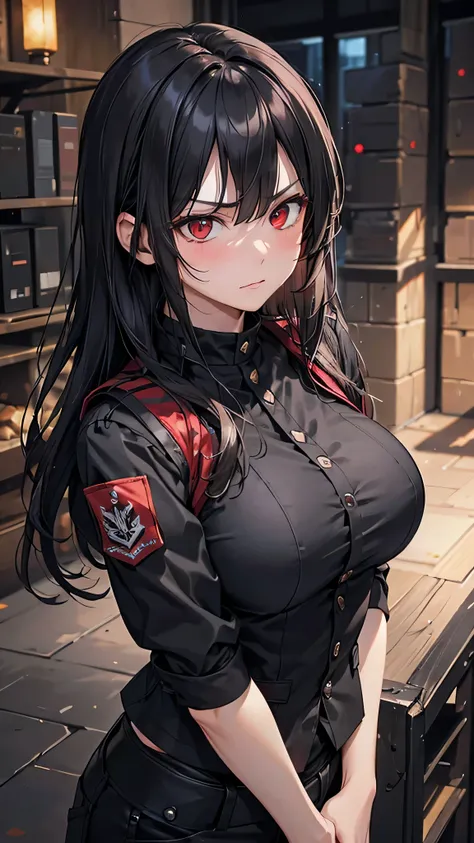 8k resolution,((Best Quality)),Ultra-high resolution,Adult women, Alone, sexy, (Angry face), (Red eyes), A beautiful, symmetrical face, (Long black hair,The eyes are hidden),Black combat uniform,Military vest,Cargo pants,Realistic:1.4,Realistic:1.4,(master...