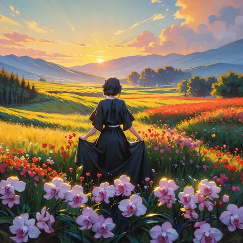 ((Best Quality, 8K, Masterpiece: 1.3)), oil painting still life, illustration of a wide-angle view of an orchid field during sunrise, with the first light illuminating the flowers from afar and hijab girl