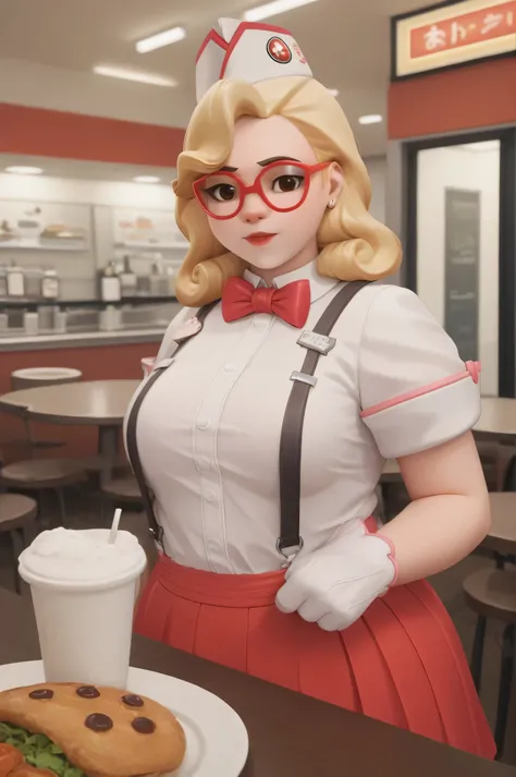 score_9, score_8_up, score_7_up, 1girl, sprinkles mei, mei (overwatch)  in a 50´s restaurant