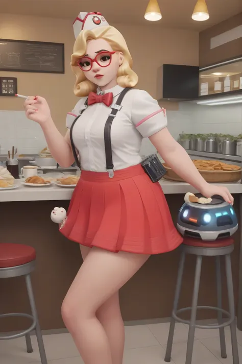 score_9, score_8_up, score_7_up, 1girl, sprinkles mei, mei (overwatch)  in a 50´s restaurant