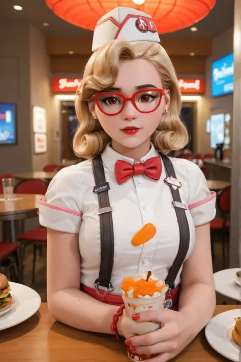 score_9, score_8_up, score_7_up, 1girl, sprinkles mei, mei (overwatch)  in a 50´s restaurant