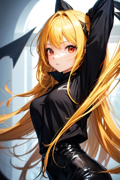 1girl, female, long yellow hair, red eyes, modern, black clothes, dark angle