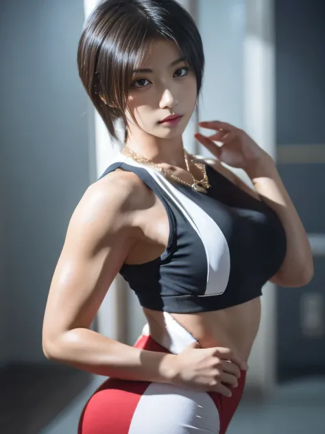 20 year old Japanese beauty，One woman、Muscular body like a bodybuilder、Emphasize the breasts、Slit eyes、A head-to-toe view，Bust is very very large、The background is a bed、High quality photos、Clear, crisp images of the lower body、Masterpiece 8k、From the fron...