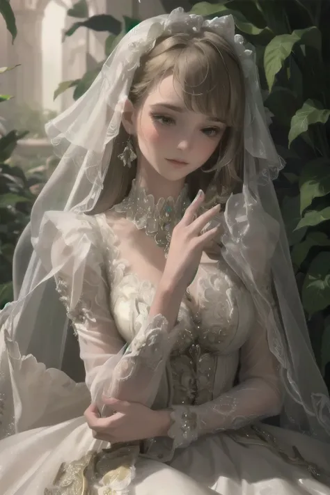 A young girl in a lush, mossy garden, her delicate dress flowing around her like petals, waiting for the night. A fluffy rabbit hops onto her lap, curling up contentedly.

1girl, graceful, elegant, soft mossy bed, flowing petal-like dress, fluffy rabbit, s...