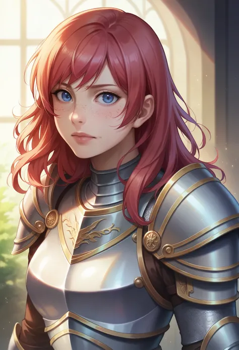 masterpiece, (realistic), highres, highly detailed, intricate, beautiful woman, red hair, blue eyes, freckles, detailed face, knight, armor, nishikino maki ,id_maki_nishikino