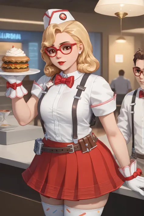 score_9, score_8_up, score_7_up, 1girl, sprinkles mei, mei (overwatch), red skirt, hat, white shirt, buttoned up shirt, red bowtie, white gloves, fully clothed, red lipstick, thighhighs, (((miniskirt))), panties, white shiny thong,  in a 50´s restaurant