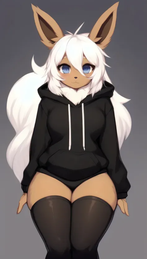 by zackary911,zackary911, eevee anthro, black hoodie, solo, one character, blue eyes, female, fluffy fur, big fluffy tail, breast, fluffy fur neck, long white hair, wide hips