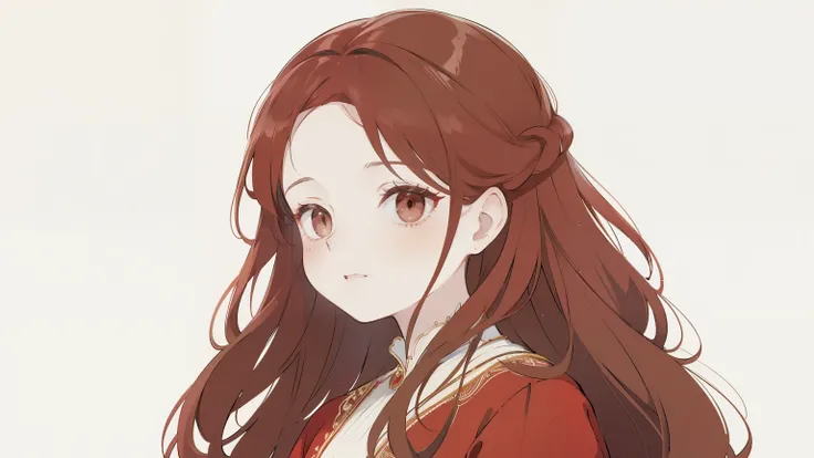 [fair-skinned woman:1.2, Long curly hair:1.2, Elegant red dress, Snub nose, Bright brown eyes], portrait, VSCO Filters: C8)
