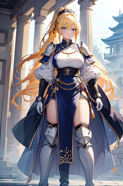 4K,High resolution,One Woman,Yellow Hair,Long Ponytail,Braids,Blue Eyes,Big Breasts,Ancient Chinese Generals,White Armor,Sideboob,Full Armor,Heavy Armor,White long boots,White gloves,crown,Long Sword,Jewelry decoration,Medieval castle