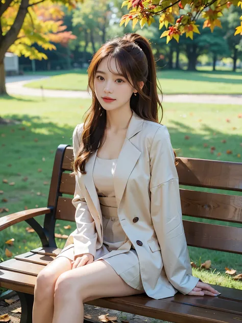 "A tranquil autumn scene featuring a beautiful girl sitting gracefully on a wooden bench in a quiet park. She has soft, wavy chestnut hair that cascades down her shoulders, with a few stray leaves gently resting on her head. Dressed in a light beige trench...