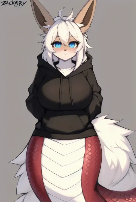 by zackary911,zackary911, eevee anthro, black hoodie, solo, one character, blue eyes, female, fluffy fur, big fluffy tail, breast, fluffy fur neck, long white hair, wide hips, lamia 