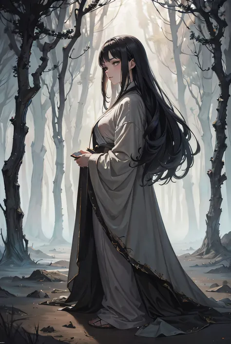 Beautiful girl in a gray robe standing in a dark forest, Spectacular style, Octane Rendering, Desert Composition, Beautiful Face, Surreal, Oil on canvas, Award-winning, masterpiece, Trending on ArtStation, Studio Ghibli