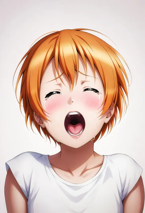 masterpiece, best quality, 8k wallpaper,realistic anime style,love live art style, rin hoshizora, orange hair, medium hair, blushing , Hoshizora rin, golden ,White Top, upper body, front view, closed eyes, opened mouth, crying, excessive tears , screaming ...