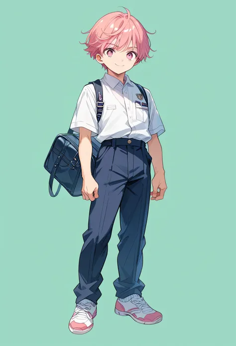 anime young man, pink hair,pink eyes,,official character art,(((((whole body))))),uniform,standing,((((full body)))),toe,((simpl...