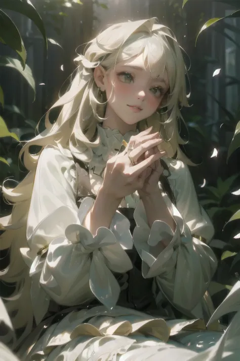 A young girl in a lush, mossy garden, her delicate dress flowing around her like petals, waiting for the night. A fluffy rabbit hops onto her lap, curling up contentedly.

1girl, graceful, elegant, soft mossy bed, flowing petal-like dress, fluffy rabbit, s...
