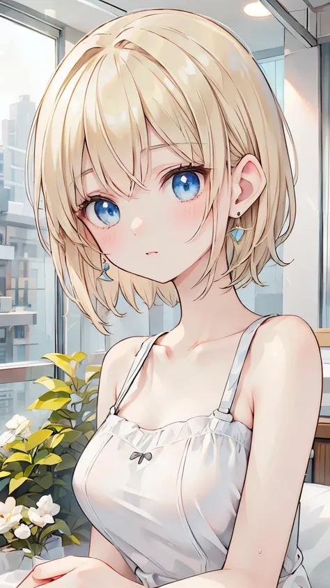 ((sfw: 1.4)), ((detailed face, professional photography)), ((sfw, extra short hair, sidelocks-hair, blond hair, Large, clear sky-blue eyes, earrings, 1 Girl)), Ultra High Resolution, (Realistic: 1.4), RAW Photo, Best Quality, (Photorealistic Stick), Focu...