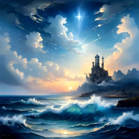 In this breathtaking masterpiece, a high-quality oil painting captures a mesmerizing landscape from an elevated perspective. The image showcases a vast expanse of cloudy seas, devoid of any human presence. The sky is an enchanting fake, with multiple stars...