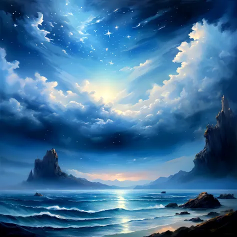 In this breathtaking masterpiece, a high-quality oil painting captures a mesmerizing landscape from an elevated perspective. The image showcases a vast expanse of cloudy seas, devoid of any human presence. The sky is an enchanting fake, with multiple stars...