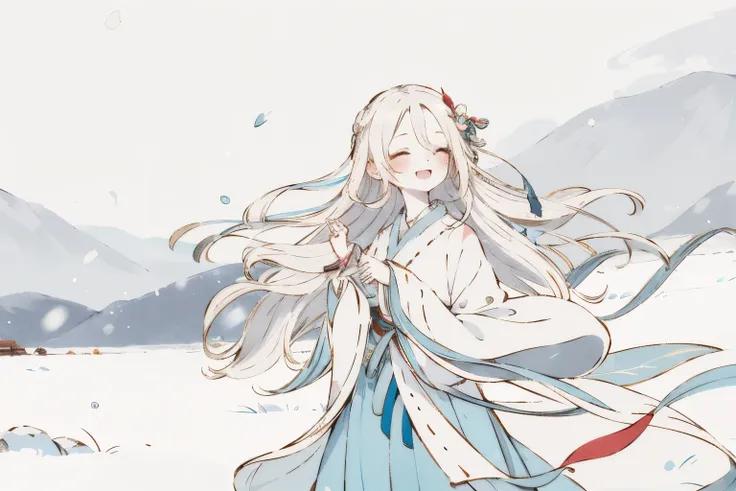 
, 4K quality, 1 Girl, White Hanfu, snow, Long hair fluttering in the wind, A healing smile,

