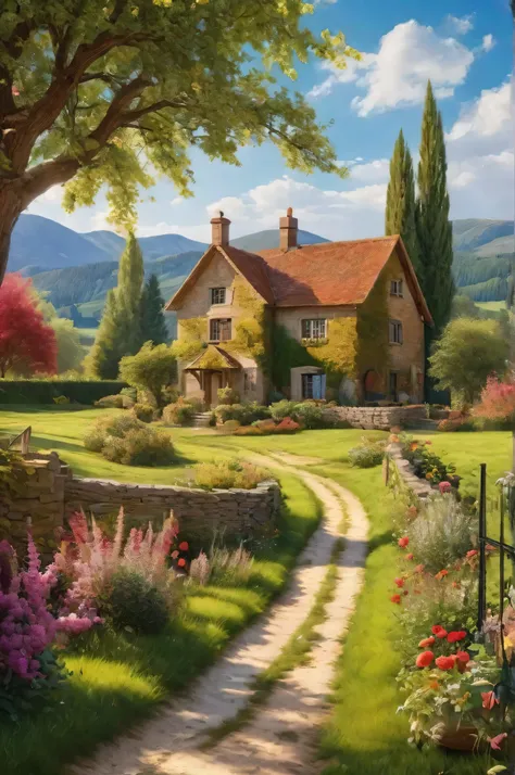 an idyllically tranquil rural scene, the vibrant colors of a sunny day, hyper realistic, volumetric light, an impressive masterpiece, fine details, (masterpiece:1.2), best quality