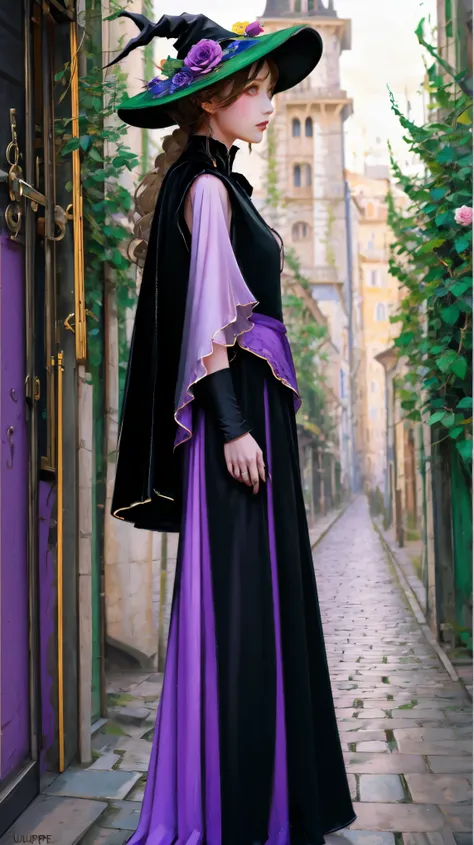 Beautiful girl, Perfect Face, Arms at your sides, masterpiece, Ultra-high resolution, high quality, 4K, Upper Body:1.5, Lisa (Genshin Impact), urple witch hat, Green Eyes, Brown Hair, (Purelos Face_v1:0.008), (Europe:1.6), bangs, dress, rose, jewelry, wit...