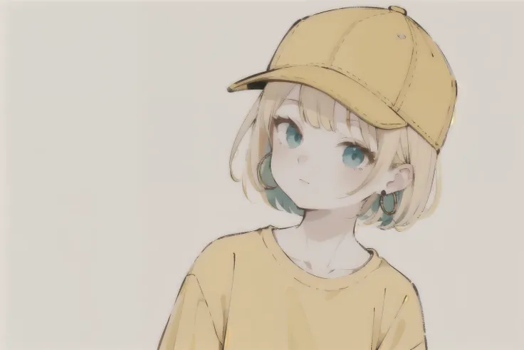 nomura tetsuya, masterpiece, best quality, 1girl, aqua eyes, baseball cap, blonde hair, closed mouth, earrings, green background, hat, hoop earrings, jewelry, looking at viewer, shirt, short hair, simple background, solo, upper body, yellow shirt 