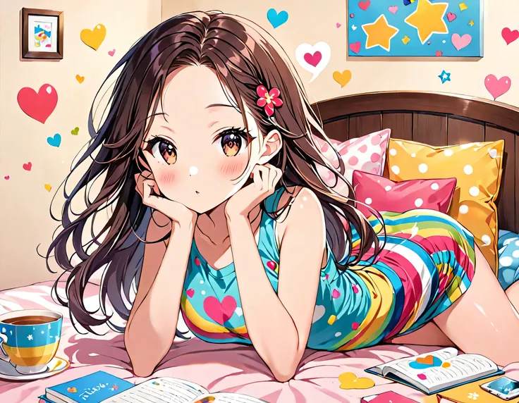 Ultra-realism Momoko Sakura colorful style, Simple Line Initialism，Abstract art，(((The most beautiful girl of all time))), chibi, colorful hearts, kawaii design, sports fashion, Dark Eyes, (((Holiday Room))), (((Cute amoeba)))