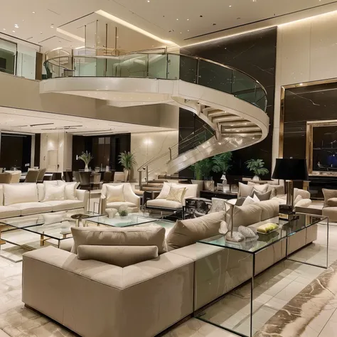 arafed living room with a spiral staircase and a glass table, luxury lifestyle, luxurious environment, ultra modern, luxurious indoor setting, penthouse, magnificent design, luxury condo interior, luxury architecture, living room, modern interior design, f...