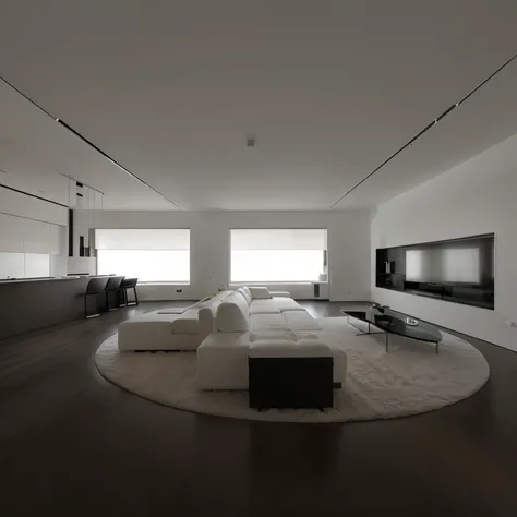 arafed living room with a large white couch and a flat screen tv, minimalist interior design, minimalistic and beautiful, modern and minimalist, modern minimal design, minimalist and clean, minimalist design, modern minimalist, elegant minimalism, low spac...