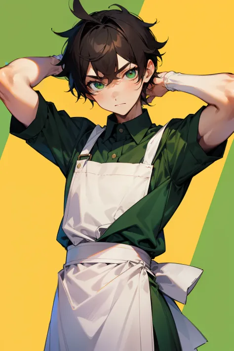 Cute boy, black hair, green eyes, slim body, wearing only an apron, brown belt