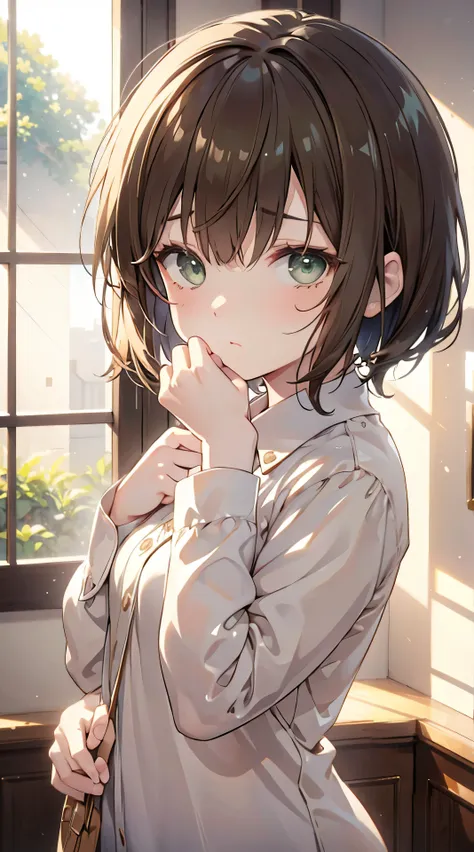 shocked, short brown hair, teary green eyes, light skin, animated character, hand covering mouth, close-up shot, indoors, natural lighting, emotional atmosphere, looking down, soft shadows, side view