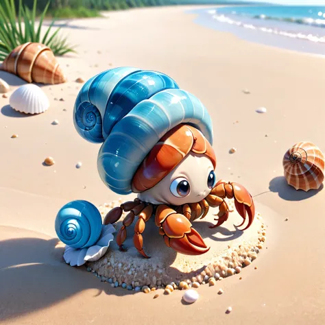 Illustration of a cute hermit crab, on a sandy beach, carrying a spiral light blue shell, 3D, Octane rendering.