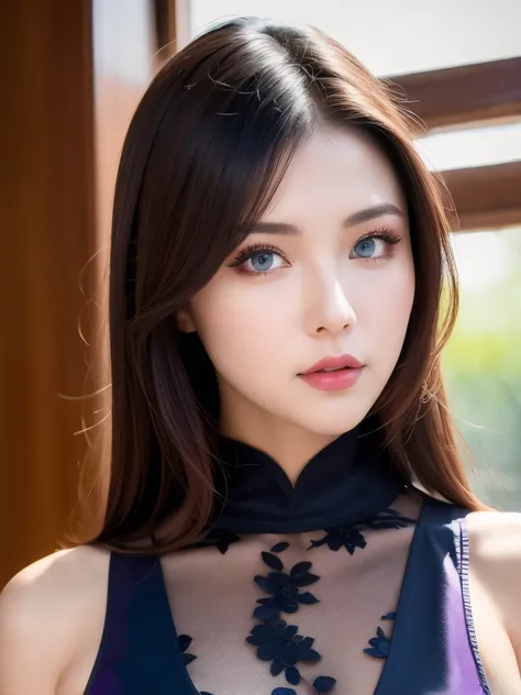 (Dark red right eye), (Left eye is dark blue), (((masterpiece))), (((Best Quality: 1.4))), ((Super detailed: 1.4)) , A lovely woman, Gorgeous Chinese Model, Translucent dress, Purple, Heterochromia, See-through dress, Gorgeous exotic features, Amber neon e...