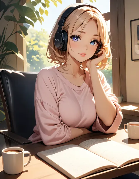 a woman relaxing、reading a book、listen to music、hot coffee、cozy rooms、((beautiful detailed eyes、beautiful detailed lips、highly d...