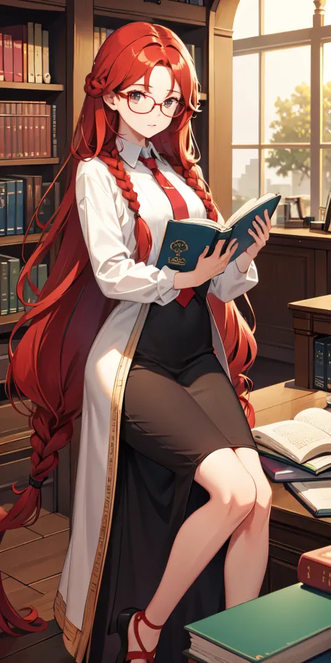 Two long braids, red hair, glasses for vision, a book, In the library