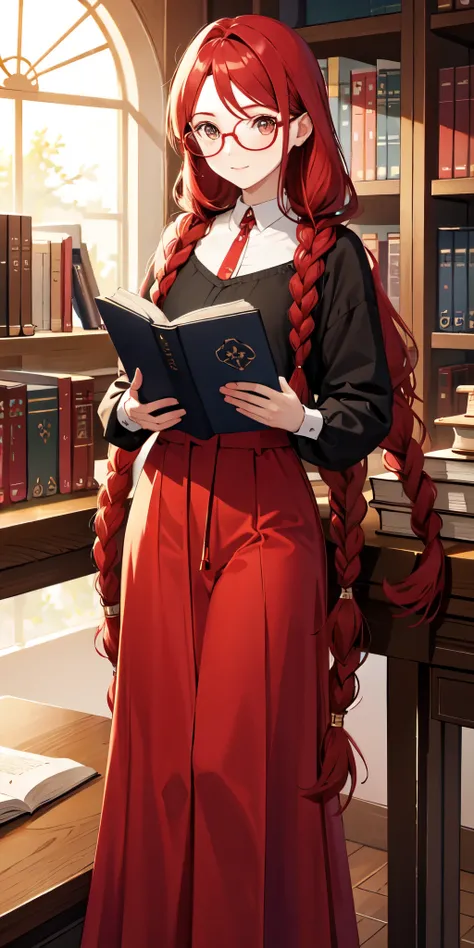 Two long braids, red hair, glasses for vision, a book, In the library, modest clothing 