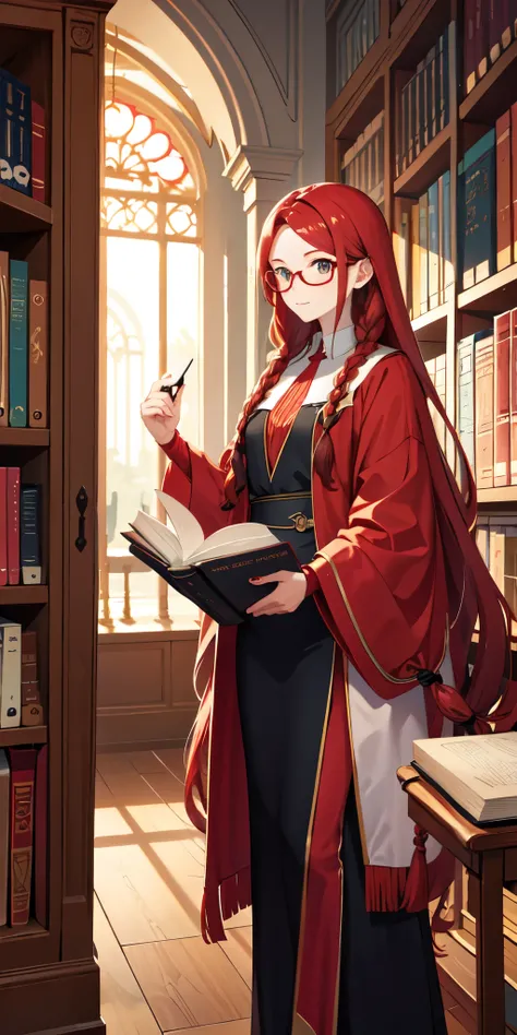 Two long braids, red hair, glasses for vision, a book, In the library, modest clothing 