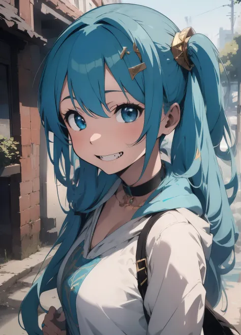 (masterpiece、Best Quality、Best Quality、Official Art、Beautiful and beautiful:1.2)、(One person:1.3)Hatsune Miku、Twin tails,Beautiful breasts,(masterpiece, best quality),  intricate details,, 1girl,     the mouth, multicolored hair, blue eyes, shark hair orna...