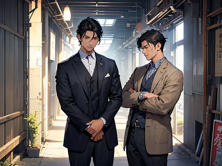 Still Image, intricate details, 超High resolution, 4K, High resolution、Two men standing side by side、front、 年上の guy tugging at Young 青年の髪, Black Hair, (Young (28 years old) Tallて黒い目をした青年) 短いBlack Hair , Dark blue suit, 3、 Healthy tan and good physique、Tall、...