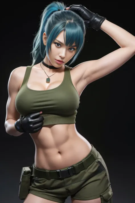 masterpiece, The best quality at its best, High resolution, One girl, Leona Heidern, Blue Hair, blue eyes, ponytail, Green Shorts, Clevis，On your stomach, Crop top, Black gloves, big_chest, uniform, Green jacket, 耳Nipple Ring, jewelry, belly button, Huge b...